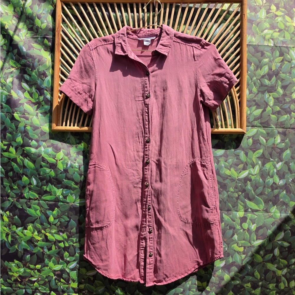 Lucky Brand Womens Linen Blend Short Sleeve Button Down Shirt Dress Rose Pink S